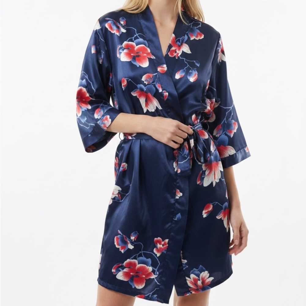 La Vie En Rose Navy Satin Floral Wrap Robe
